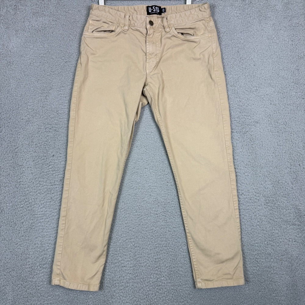 U-510 Under 5'10 Men Khaki Garment Dyed Chino Pants 30x26 Tan Slim Straight